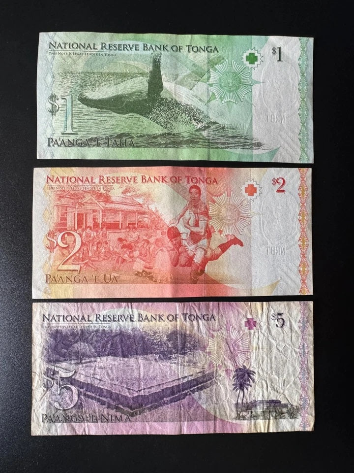 Tonga 1, 2, 5 Pa'anga Banknotes VF- Circulated King Siaosi Issue Bills 3 Pcs/Lot