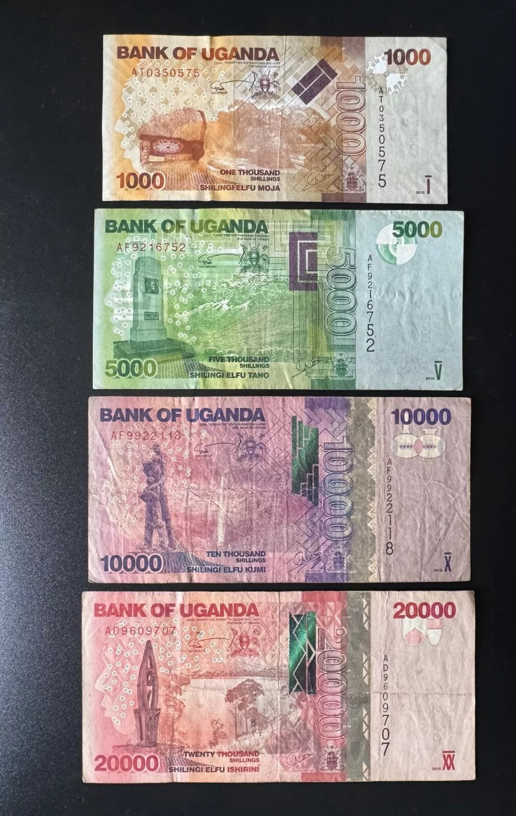 Uganda 1000, 5000, 10000, 20000 Shillings Banknotes 2010 Bank Bills 4Pcs/Lot Set