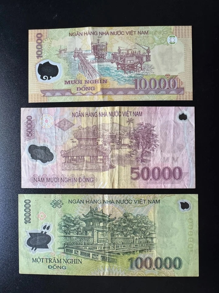 Vietnam 10000, 50000, 100000 Dong Banknotes Polymer Bank Bills 3Pcs/Lot