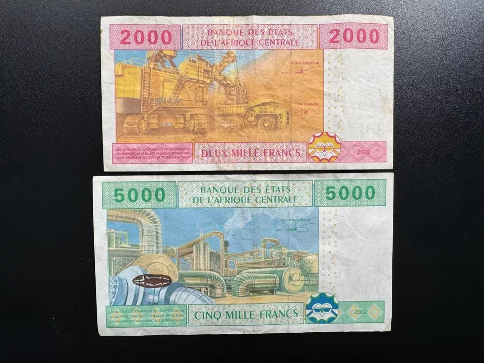 Central African 2000, 5000 Francs Banknotes Cameroon & Gabon Bills 2Pcs/Lot