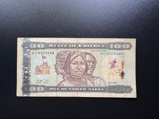 Eritrea 100 Nakfa Banknote 1997 Old Circulated Paper Money Bank Bills p-6