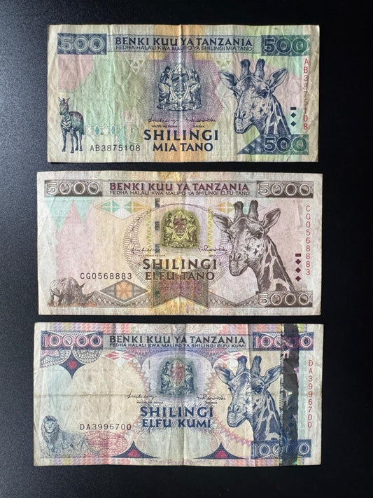 Tanzania 500, 5000, 10 000 Shillings Banknotes 1997 Old Circulated Paper Bank Bills 3Pcs/Lot