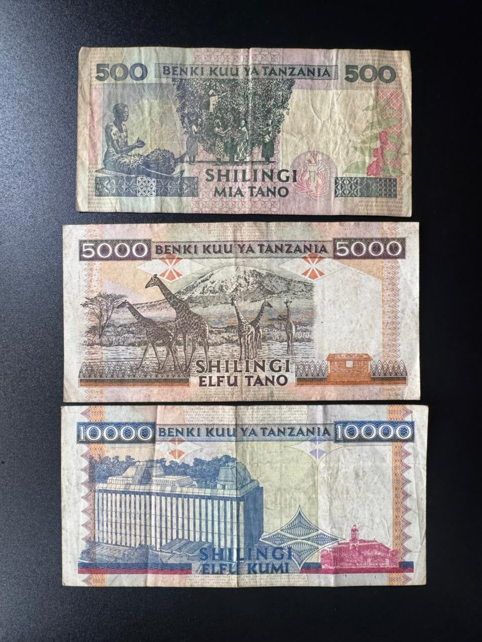 Tanzania 500, 5000, 10 000 Shillings Banknotes 1997 Old Circulated Paper Bank Bills 3Pcs/Lot