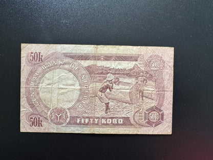 Nigeria 50 Kobe Banknote 1973-1978 Old Circulated Paper Bank Bill P-14g