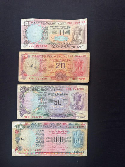 India 10, 20, 50, 100 Rupees Banknotes Old 1976-1997 Bank Bills 4 Pcs/Lot Set