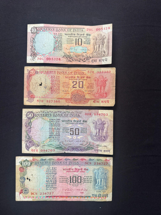 India 10, 20, 50, 100 Rupees Banknotes Old 1976-1997 Bank Bills 4 Pcs/Lot Set