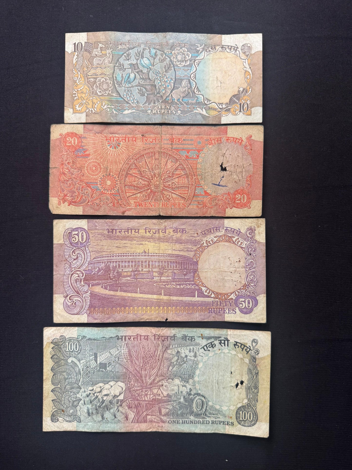 India 10, 20, 50, 100 Rupees Banknotes Old 1976-1997 Bank Bills 4 Pcs/Lot Set
