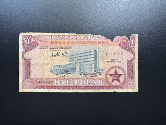 Ghana 1 Pound Banknote 1959 Old Circulated Paper Money Bank Bill P-2