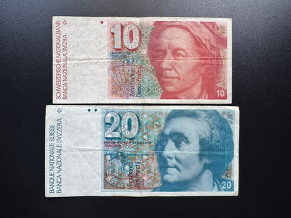 Switzerland 10, 20 Francs Banknotes 1987 old Swiss Bank Bill Notes 2 Pcs/ Lot