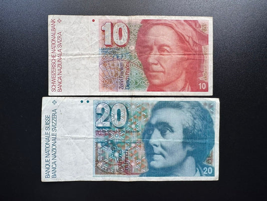 Switzerland 10, 20 Francs Banknotes 1987 old Swiss Bank Bill Notes 2 Pcs/ Lot