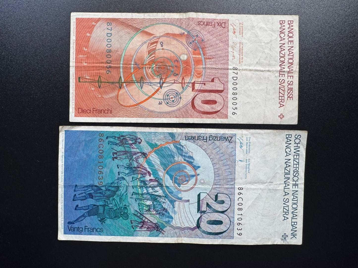 Switzerland 10, 20 Francs Banknotes 1987 old Swiss Bank Bill Notes 2 Pcs/ Lot
