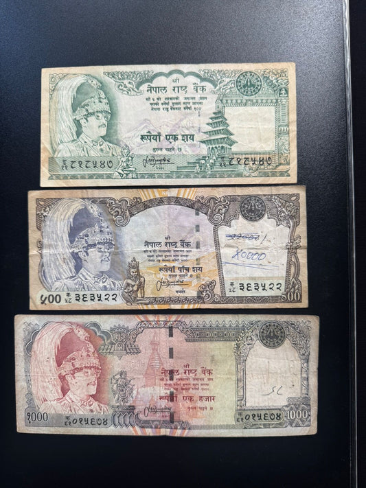 Nepal 100, 500, 1000 Rupees Banknotes 1996 Old Circulated Bank Bills 3/Pcs Lot