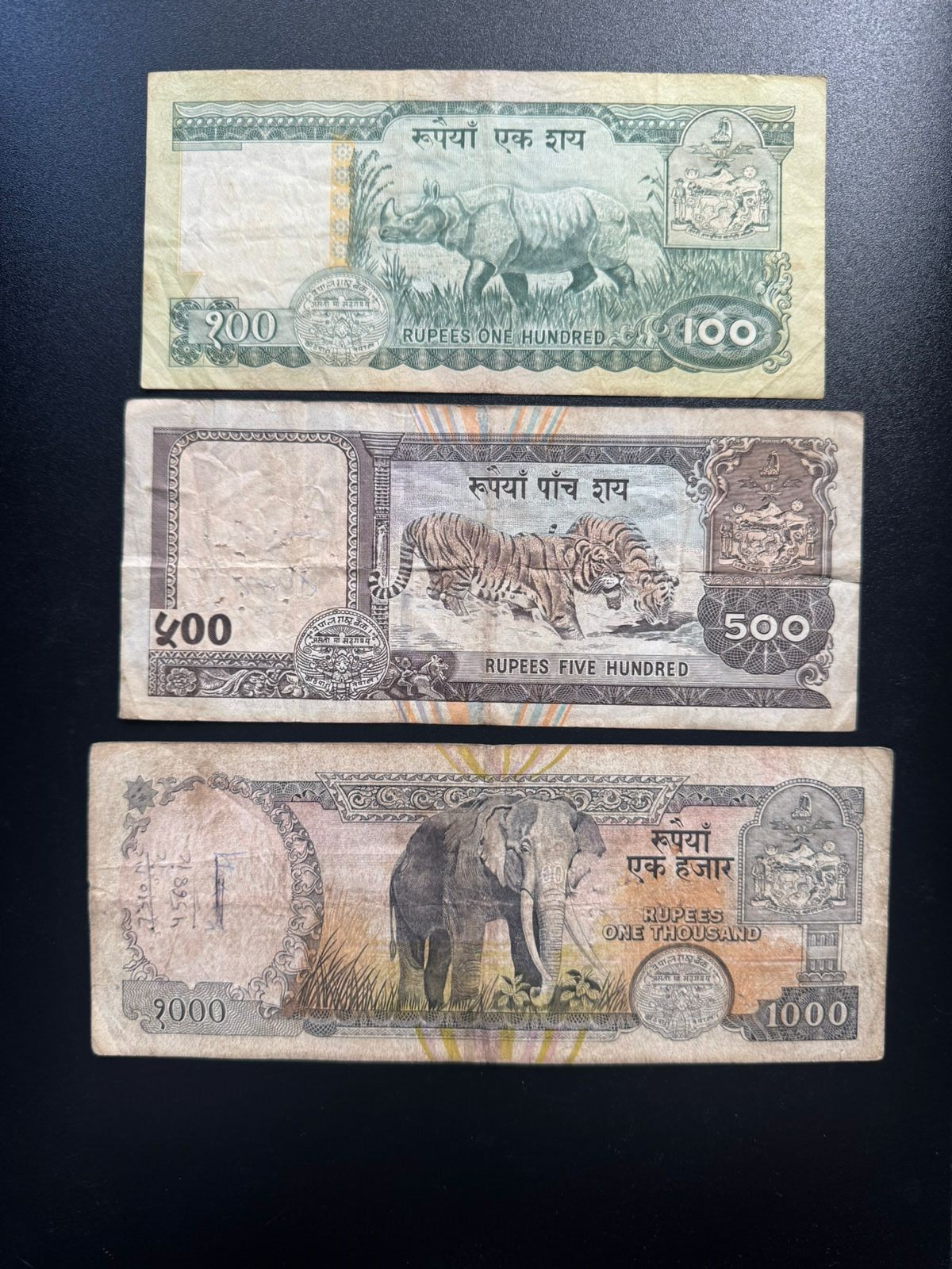 Nepal 100, 500, 1000 Rupees Banknotes 1996 Old Circulated Bank Bills 3/Pcs Lot