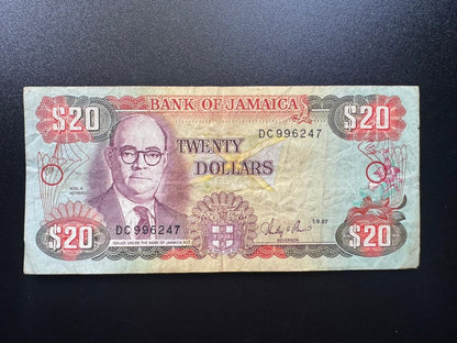 Jamaica 20 Dollars Banknote 1987 Old Circulated Paper Money Bank Bill P-72