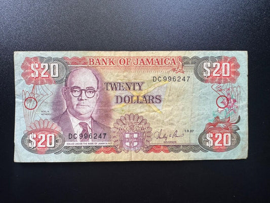 Jamaica 20 Dollars Banknote 1987 Old Circulated Paper Money Bank Bill P-72
