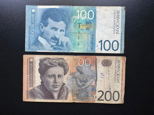 Yugoslavia 100, 200 Dinara Banknotes 2000-2001 Old Circulated Bank Bills 2 Pcs/ Lot