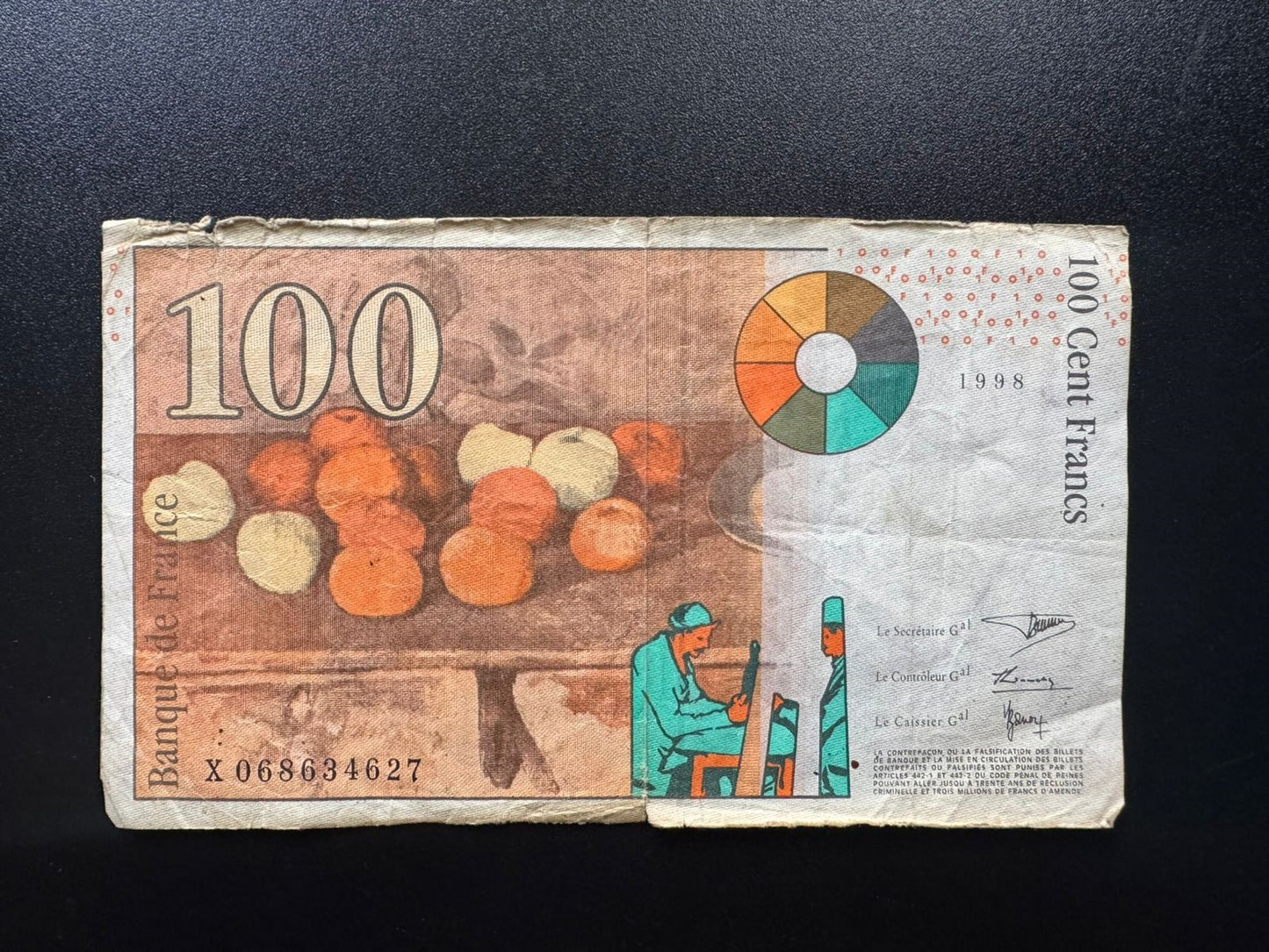 France 100 Franc Banknote 1998 old Circulated Paper Money Bank Bill P-158a