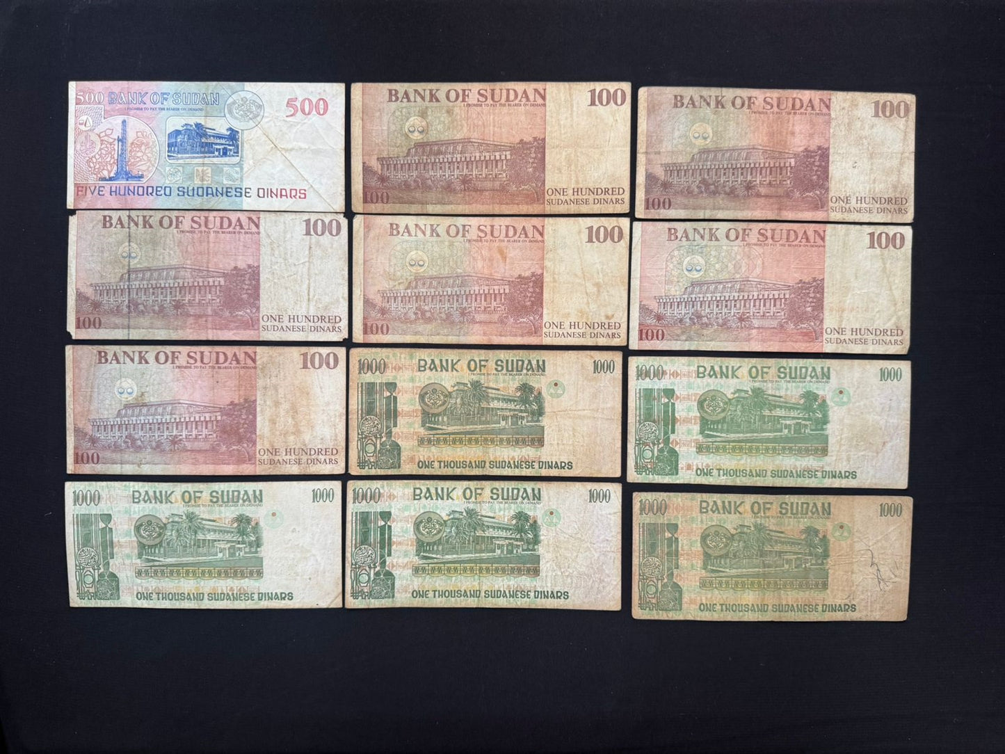 Sudan 100, 500, 1000 Dinars Banknotes old Bank Bills 12 Pcs / Lot