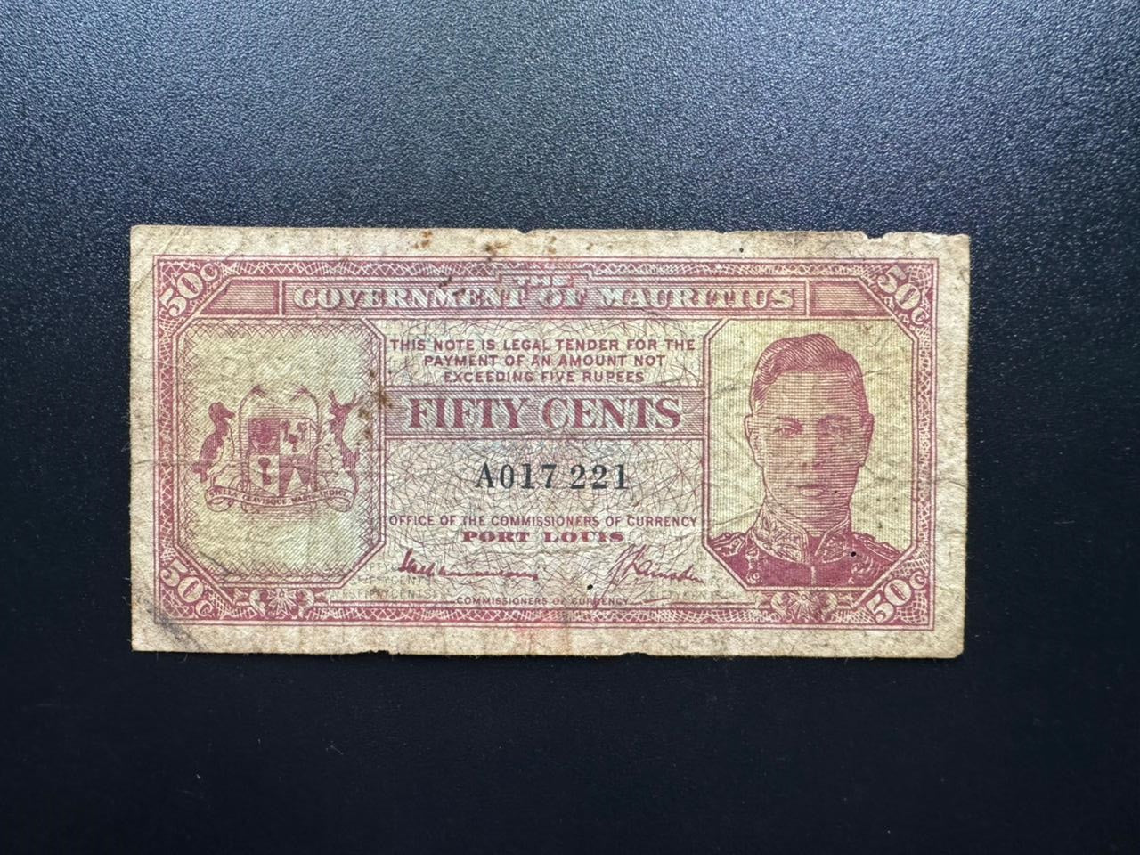 Mauritius 50 Cents Banknote 1940 Old Circulated Very Rare King George VI Bill P-25a