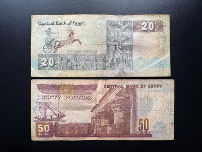 Egypt 20, 50 Pounds Banknotes 2010-2019 Circulated Paper Bank Bills 2 Pcs/Lot