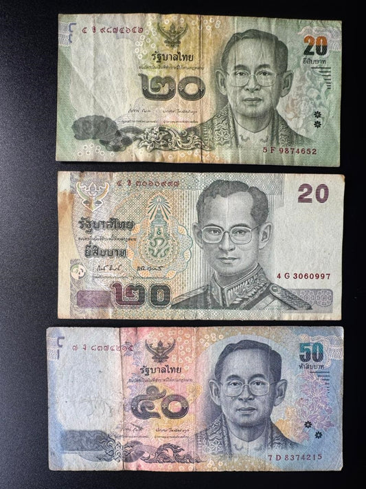 Thailand 20, 50 Baht Banknotes ND 2003-2012-2013 Circulated Bank Bills 3 Pcs/Lot