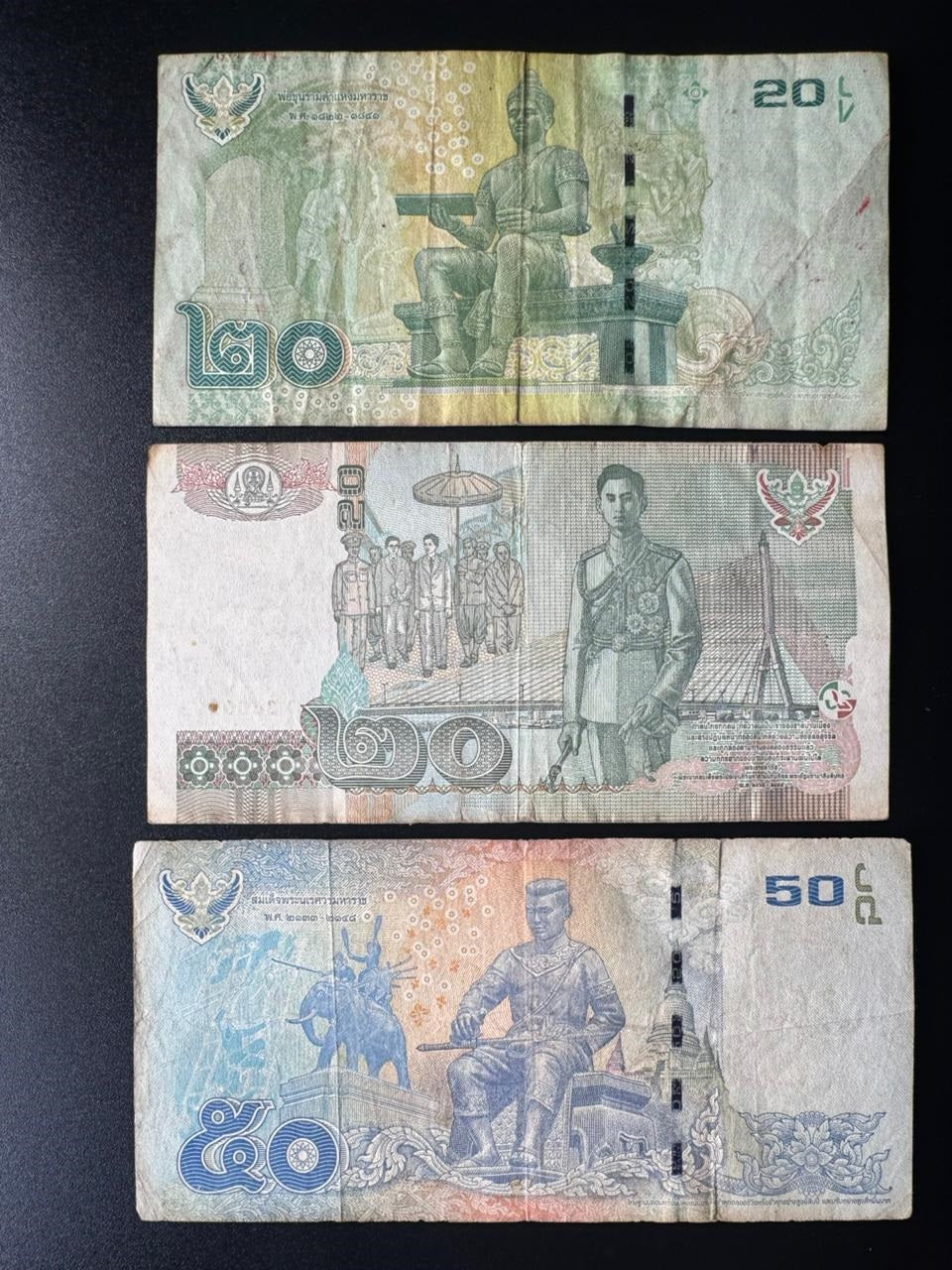 Thailand 20, 50 Baht Banknotes ND 2003-2012-2013 Circulated Bank Bills 3 Pcs/Lot