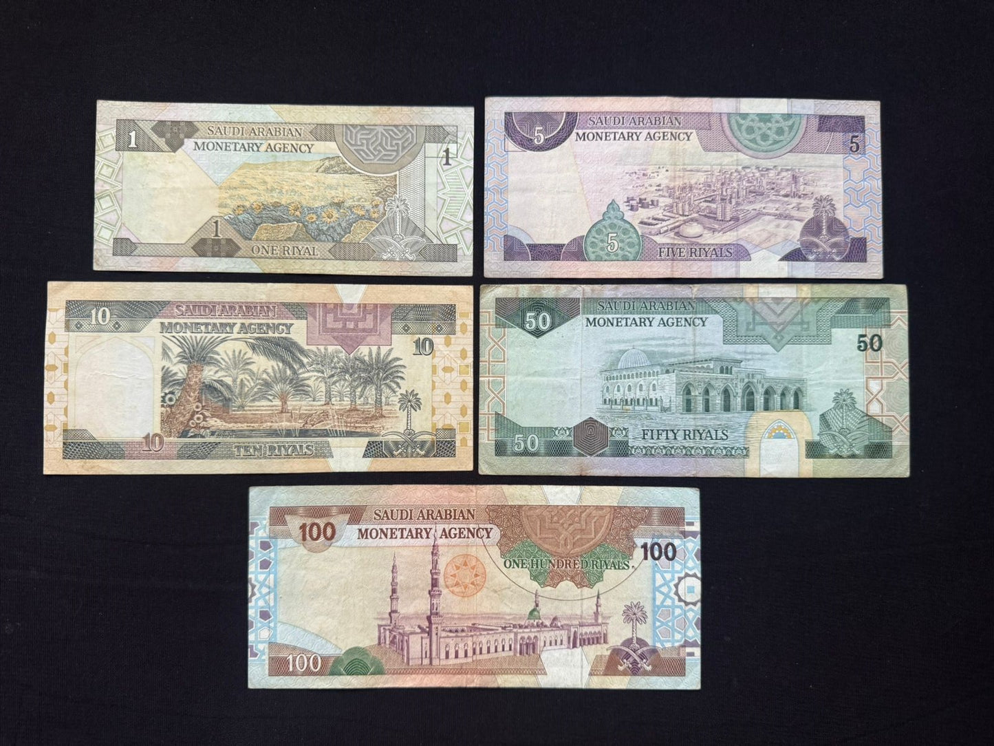 Saudi Arabia 1,5, 10, 50, 100 Riyals Banknotes 1983 VF-Circulated Bills 5Pcs/Lot