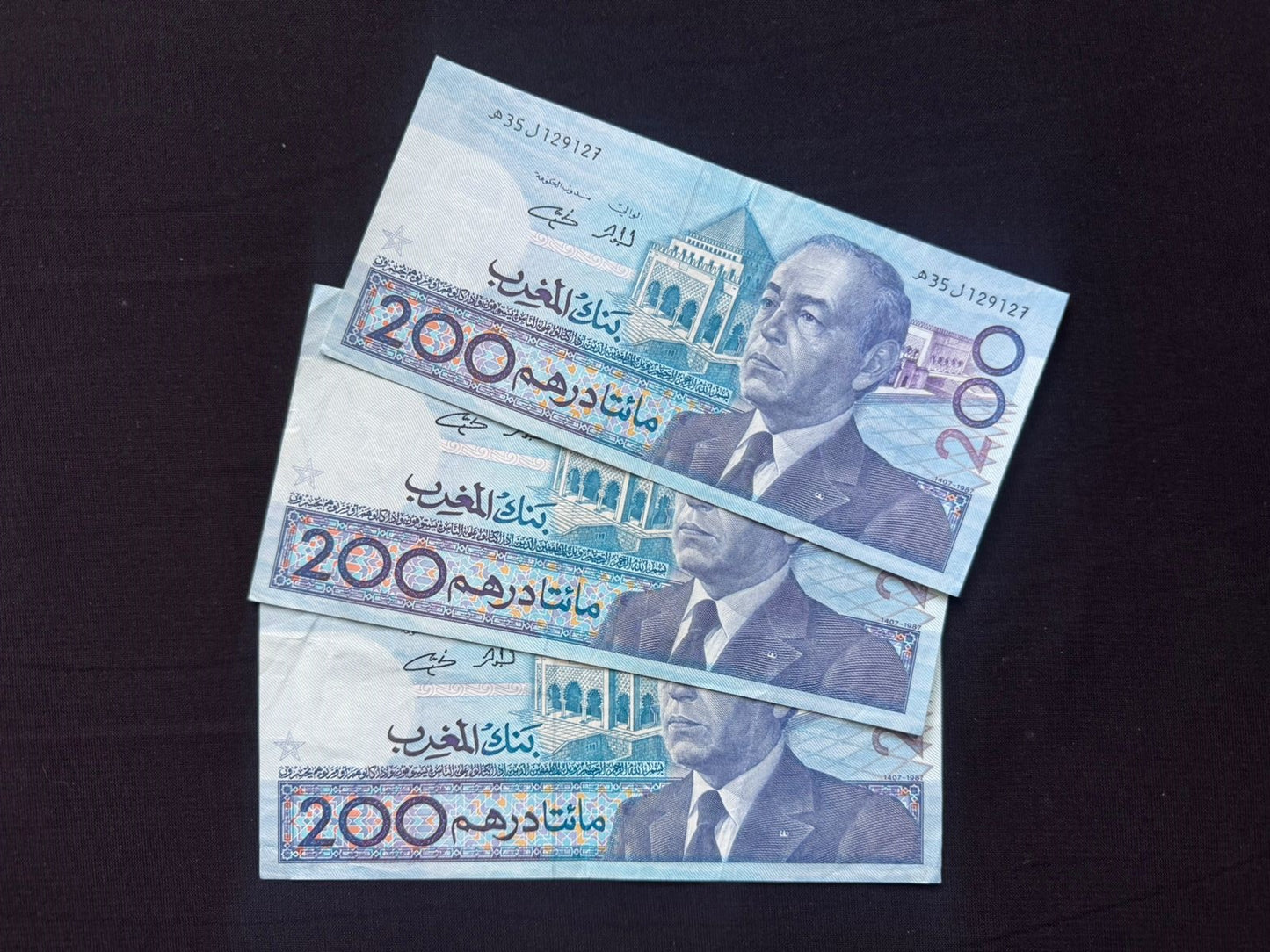 Morocco 200 Dirhams Banknotes 1987 Old AUNC-VF S/N Consecutive Numbers Bills 3Pcs/ Lot