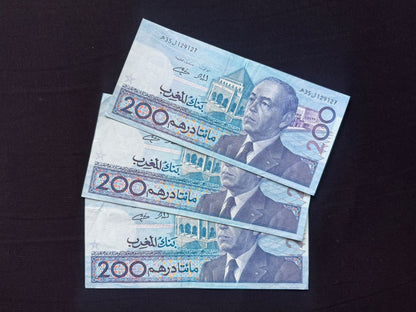 Morocco 200 Dirhams Banknotes 1987 Old AUNC-VF S/N Consecutive Numbers Bills 3Pcs/ Lot