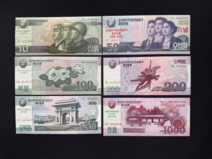 North Korea 10, 50, 100, 200, 500, 1000 Won Banknotes UNC Paper Bankbills 6 Pcs/Lot