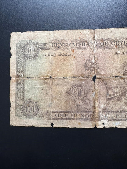 British Ceylon 100 Rupees Banknote 1954 Old Circulated Queen Elizabeth Bill p-53