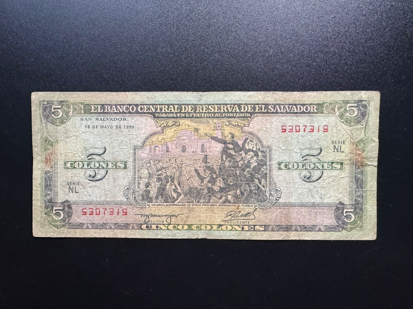 El Salvador 5 Colones Banknote 1990 Old Circulated Paper Money Bank Bill P-138a