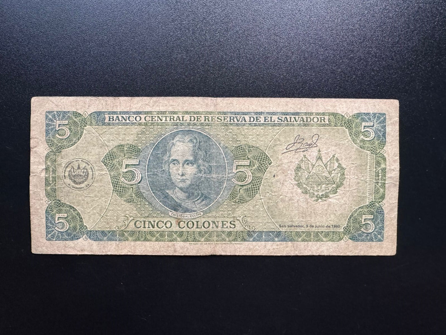 El Salvador 5 Colones Banknote 1990 Old Circulated Paper Money Bank Bill P-138a