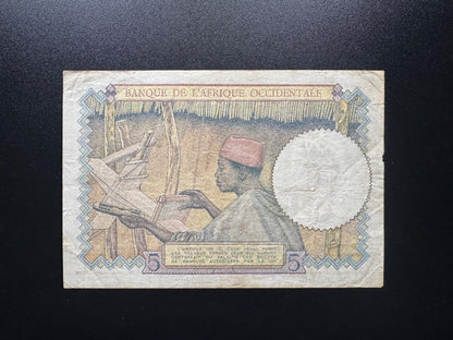 French Africa Occidental 5 Francs Banknote 1941 old Paper Bank Bill Note P-25