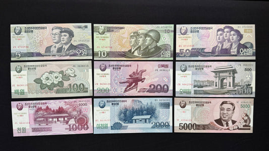 North Korea 5, 10, 50, 100, 200, 500, 1000, 2000, 5000 Won Banknotes 2002-2008 Uncirculated 100 Anniversary Commemorative Banknotes 9 pcs/ Lot