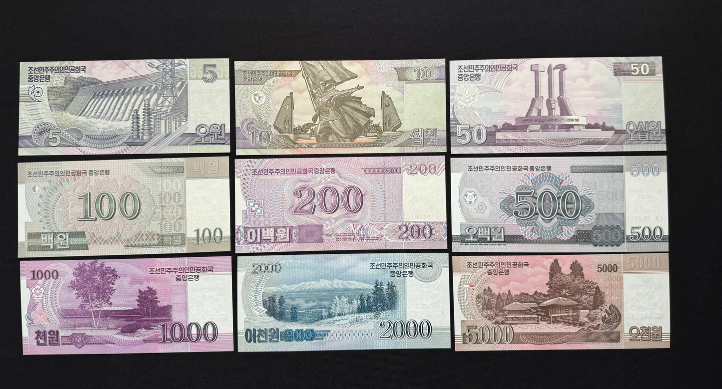 North Korea 5, 10, 50, 100, 200, 500, 1000, 2000, 5000 Won Banknotes 2002-2008 Uncirculated 100 Anniversary Commemorative Banknotes 9 pcs/ Lot