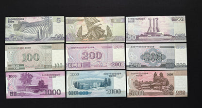 North Korea 5, 10, 50, 100, 200, 500, 1000, 2000, 5000 Won Collectible Banknotes 2002-2008 | UNC | 100 Anniversary Commemorative 9 pcs/ Lot