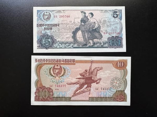 North Korea 5, 10 Won Banknotes 1978 Vintage Uncirculated Bank bills 2Pcs/Lot