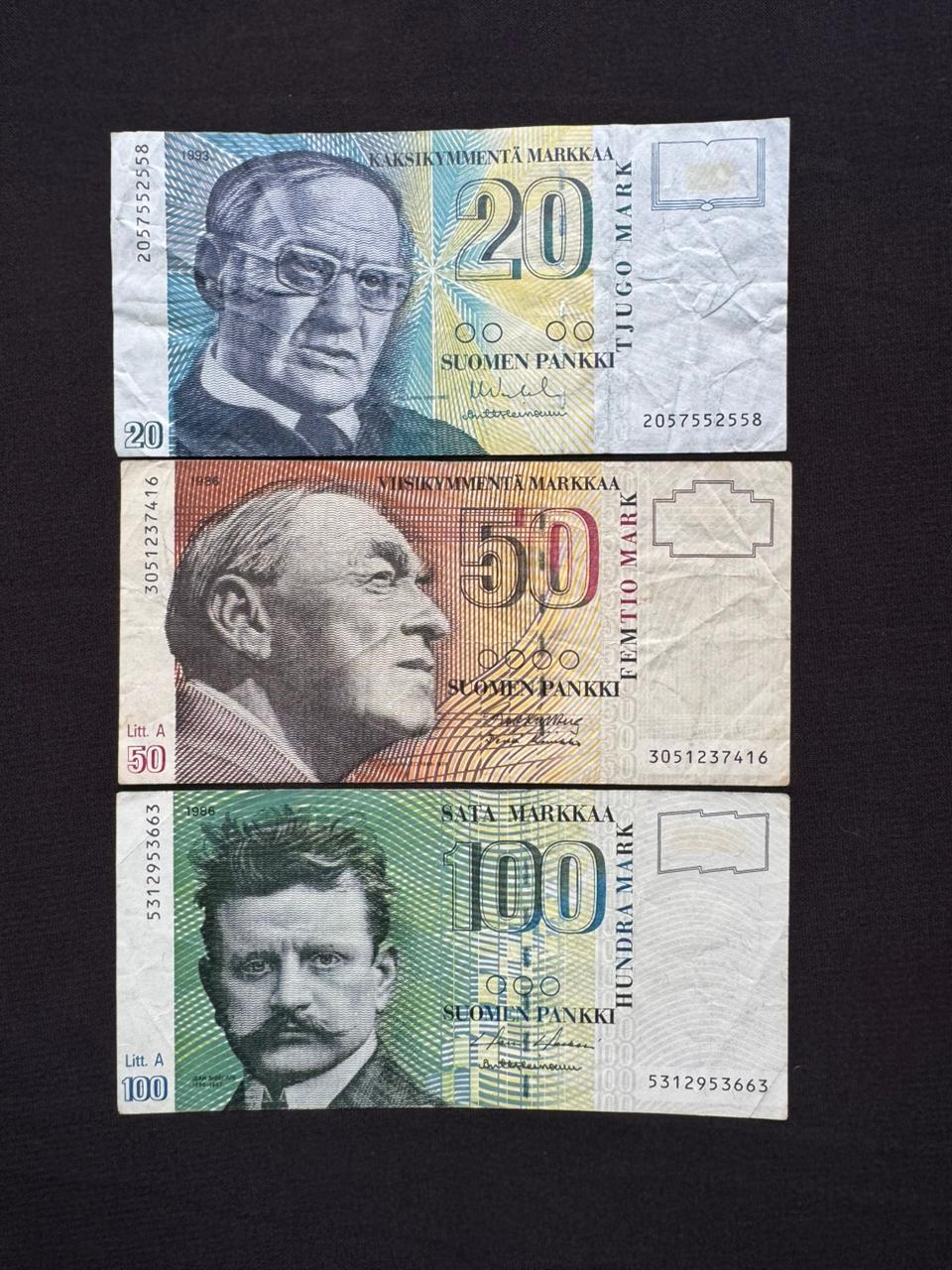 Finland 20, 50, 100 Markkaa Banknotes 1986-1993 Old Paper Money Bank Bills 3Pcs/Lot