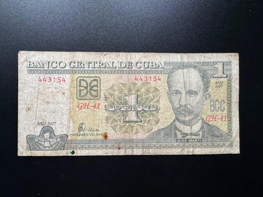 Cuba 1 Peso Banknote 2007 Old Circulated Banknote Bank Bill P- 128