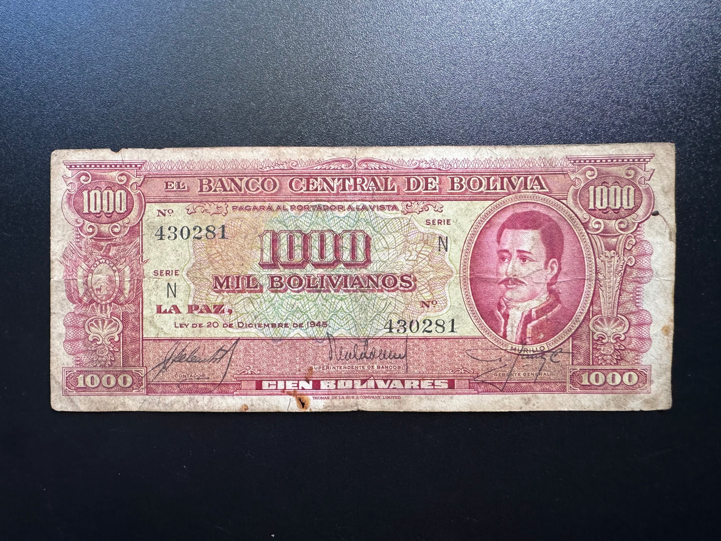 Bolivia 1000 Bolivianos Banknote 1945 old Circulated Paper Bank Bill P-149(1)