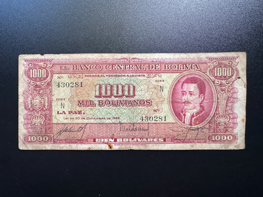Bolivia 1000 Bolivianos Banknote 1945 old Circulated Paper Bank Bill P-149(1)