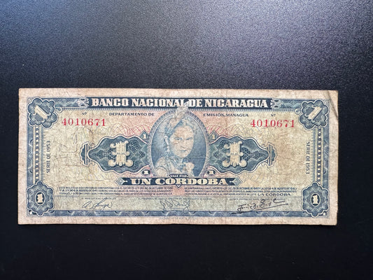 Nicaragua 1 Cordoba Banknote 1953 Old Circulated Paper Money Bank Bill P-99a