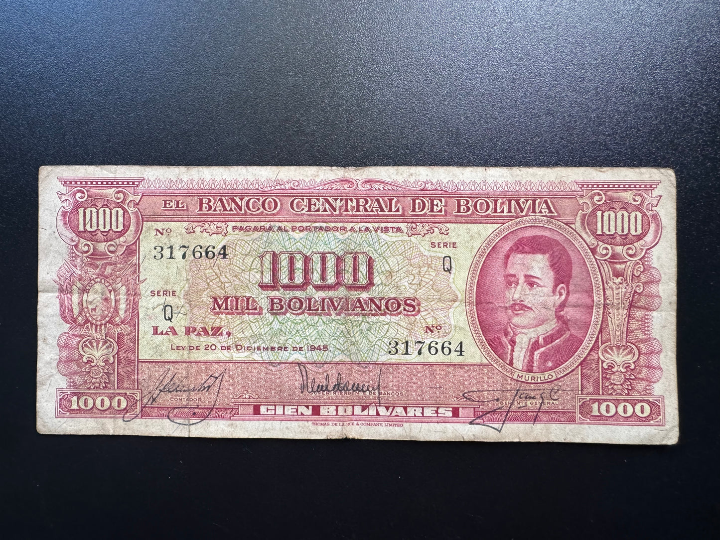 Bolivia 1000 Bolivianos Banknote 1945 old Circulated Paper Bank Bills P-149(1)