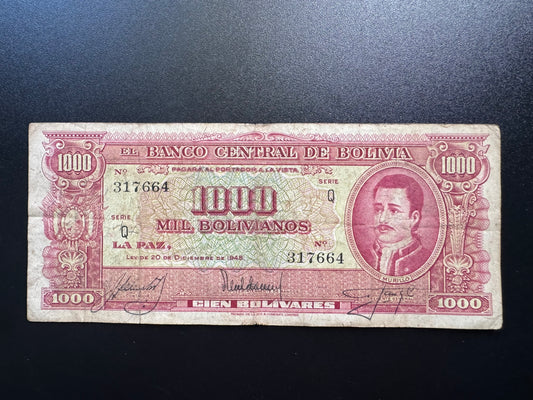 Bolivia 1000 Bolivianos Banknote 1945 old Circulated Paper Bank Bills P-149(1)