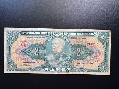 Brazil 2 Cruzeiros Banknote 1956-58 old Circulated Paper Money Bank Bill P-157Ab