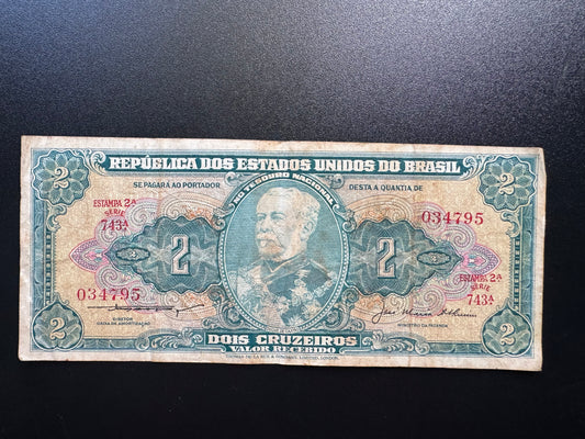 Brazil 2 Cruzeiros Banknote 1956-58 old Circulated Paper Money Bank Bill P-157Ab