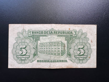 Colombia 5 Pesos Banknote 1953 Old Circulated Paper Money Bank Bill P-399