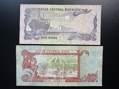 Qatar 1, 5 Riyals Banknotes 1996 Old Circulated Paper Bank Bills 2Pcs/Lot