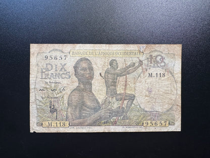 French west Africa Occidental 10 Francs Banknote 1953 old Paper Bill P-37(2)